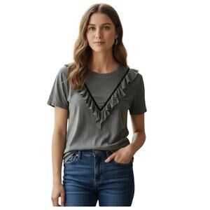 NWT THE GREAT. Tuxedo Ruffle Tee Charcoal Gray Black Velvet Size 2